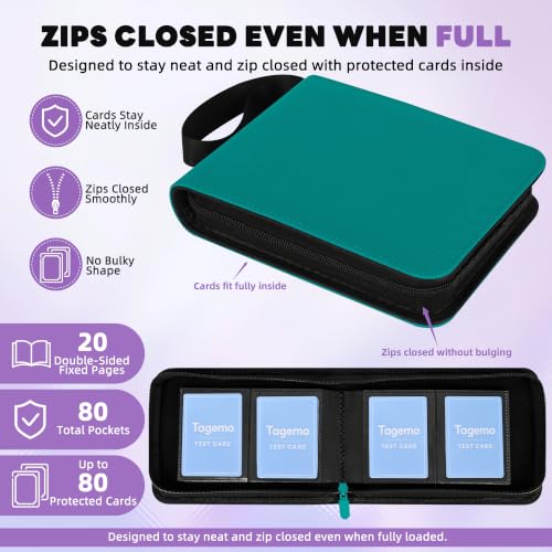 2 Pocket Mini Card Binder - Small Trading Card Album with Zipper,80 Pockets PU Leather Holder, Side-Loading Small TCG Binder for Standard Anime & Sports Cards - color: Teal Green, size: 2-Pocket
