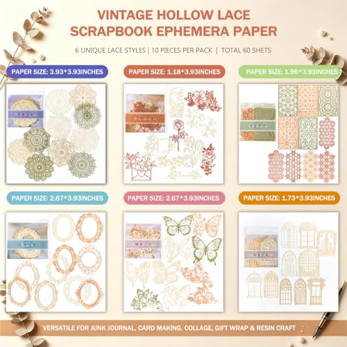 60PCS Vintage Lace Hollow Out Scrapbook Paper - 6 Assorted Themes Retro Decorative Craft Paper for Junk Journal, DIY Crafts, Scrapbooking, Card Making & Holiday Decor - color: Multicolor 17