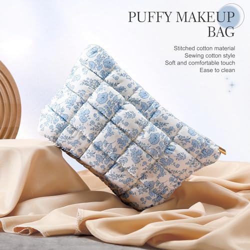 Hillban Blue Floral Puffy Quilted Makeup Bag for Women Gift, Classic - color: Blue Floral, size: Classic