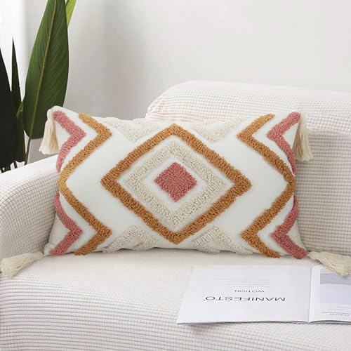 Merrycolor Boho Tufted Decorative Throw Pillow Covers (Orange and Pink, 20" x 12" (Pack of 1)) - color: Orange and Pink, size: 18" x 18" (Pack of 1)