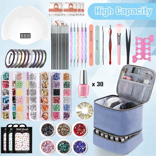 CTWWFS Corduroy Nail Polish Organizer and Nail Lamp Case, Nail Kit Organizer Holds 30 Bottles (15ml - 0.5 fl.oz) and a Nail Lamp, Nail Polish Carrying Case with Manicure Tools Storage Sections (Blue) - color: Blue