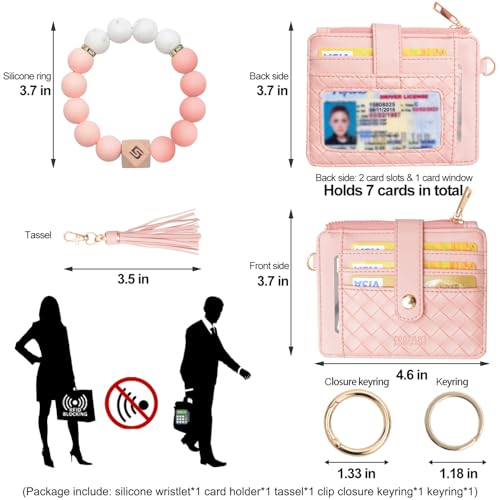 COOLANS Silicone Bracelet Wristlet Wallet Credit Card Holder RFID ID Window Key Ring Tassel Slim Wallet Women Keychain Purse - color: Pink
