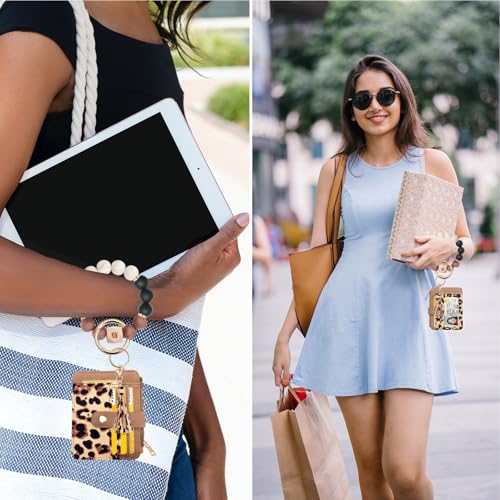 COOLANS Silicone Bracelet Wristlet Wallet Credit Card Holder RFID ID Window Key Ring Tassel Slim Wallet Women Keychain Purse - color: Brown Leopard