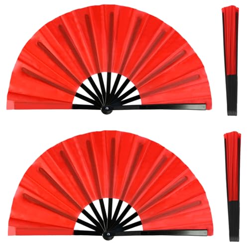 2 Pack Large Folding Hand Fan for Men/Women, Rave Fan Chinese Kung Fu Tai Chi Hand Fan Black Vintage Foldable Hand Fans for Dancing, Festival, Gift, Home Decorations(Red) - color: Red