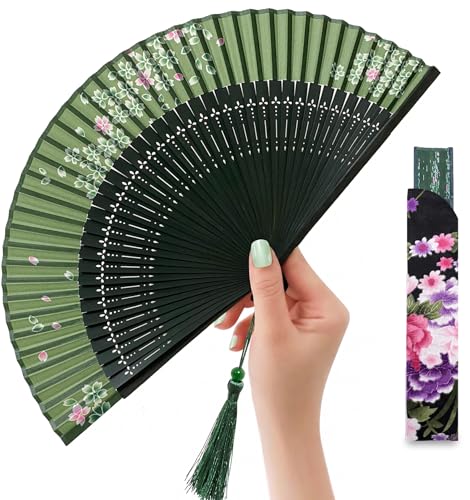 Japanese Folding Hand Fan for Women - Bamboo Silk Handheld Foldable Fan with Tassel & Pouch for Hot Flashes, Rave, Church, Gift,Wedding - Whisper-Quiet, Purse Size (Sakura-Green) - color: Sakura-green