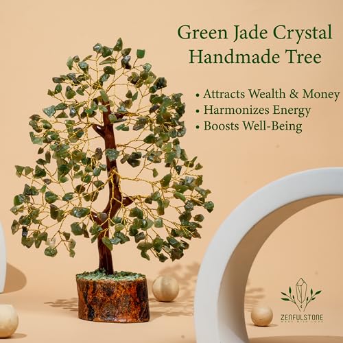 ZENFULSTONE Green Jade Crystal Tree of Life for Luck & Prosperity Decor for Home and Office | Handmade Bonsai for Wealth & Balance and Good Fortune | Perfect Well-Being Gift for Loved Ones - color: Green Jade Golden Wire