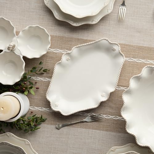 Heritage Scroll Small Oval Platter – 13" x 8.75" Ivory Stoneware Serving Tray with Decorative Rim – Elegant Classic Serveware for Entertaining & Everyday Use