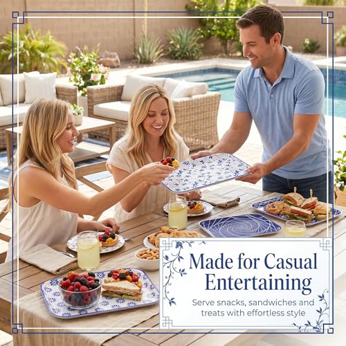 Vesici 4 Pack Blue White Melamine Serving Trays, 13 x 10 Inch Platters - style: Blue and White Porcelain