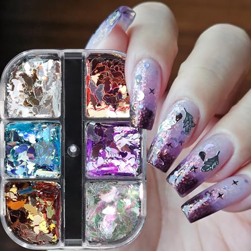 Laser Feather Glitter Sequins Nail Accessories Mix 6 Colors Manicure Feather Nail Art Glitter Flakes 3D Nails Supplies Jewelry Studs Nail Decoration Kit Suitable for Women Sparkly Acrylivc Nail