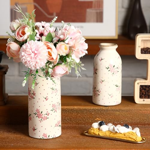 2 Pcs Ceramic Small Vase Rustic Farmhouse Vase Boho Vases Home Decoration for Your Kitchen Bedroom Office Bathroom & Shelf Centerpiece Table Decorative(Romantic)