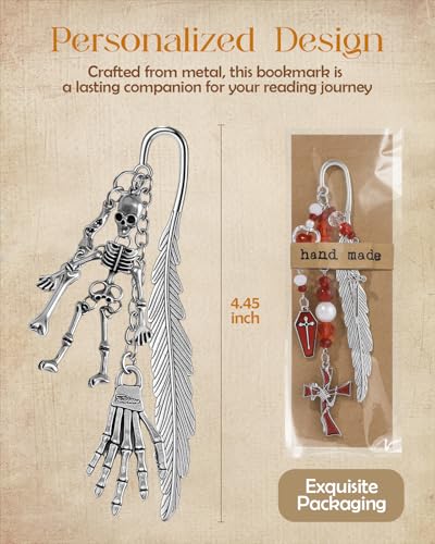 Buleens 2 Pack Bookmarks for Women Reading - Book Marks for Readers Book Lovers, Gothic Red Sword Skull Skeleton Personalized Metal Bookmark with Pendants, Aesthetic Book Accessories Reading Gifts - color: Sliver Gothic Skull