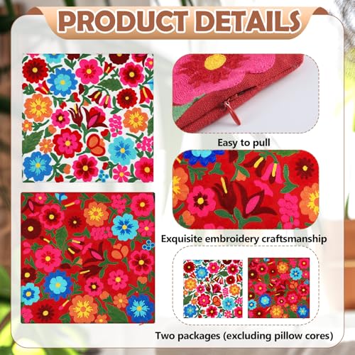HunnmingRe 2 Pcs Mexican Boho Throw Pillow Covers 18 x 18 Inch Embroidery Colorful Floral Throw Pillows Ethnic Decorative Fiesta Cushion Covers for Bed Couch Sofa Home Decor(White, Red) - color: Red,white