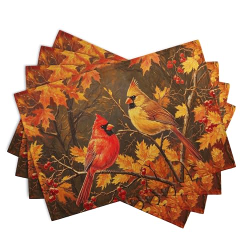 Maple Leaf Birds Fall Placemats Set of 4 Rustic Autumn Colored Maple Forest Tree Place Mat Seasonal Thanksgiving Harvest Table Mats for Party Kitchen Dining Outdoor Indoor Decor - color: Fall Birds