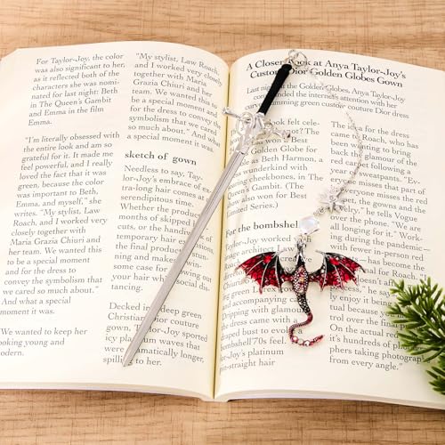 Fourth Wing Dragon Sword Cute Bookmark Book Mark for Reading Women Gifts - color: Silver Red