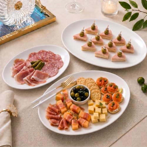 White Serving Platters Set of 3, 16/14/12 Inch Oval Porcelain Serving Platters, Serving Dishes for Entertaining, Party, Appetizers, Cheese, Dessert and Food Display - size: 15.5/14/12 inch Set
