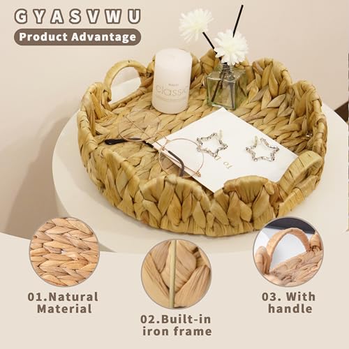 GYASVWU Water Hyacinth Scalloped Tray with Handles,Round Wicker Serving Trays for Coffee Table,Woven Tray for Ottoman Decorative and Organizer Trays (Water Hyacinth) - color: Water Hyacinth