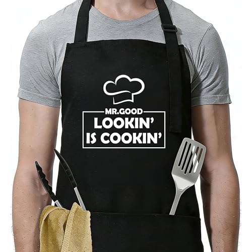 Funny Apron for Men Women,Humorous Kitchen Apron- Grilling Cooking BBQ Accessories, Gift for Dad Husband - color: Mr.good Lookin' is Cookin