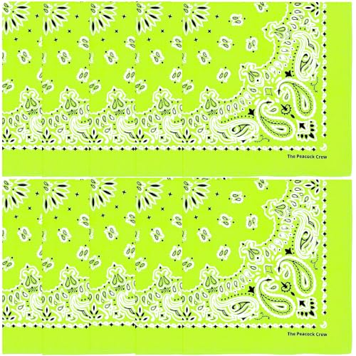 The Peacock Crew Premium Soft Cotton Bandanas Pack for Men and Women Paisley 22 x 22 inches - color: Pack of 10 Lime Green