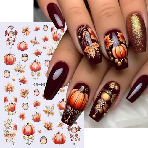 Fall Nail Art Stickers Autumn Leaf Pumpkin Nail Decals 3D Self-Adhesive Nail Art Supplies 6PCS Maple Leaves Pumpkin Nails Design Fall Stickers for Nails Women DIY Manicure Decorations Accessories - style: style7