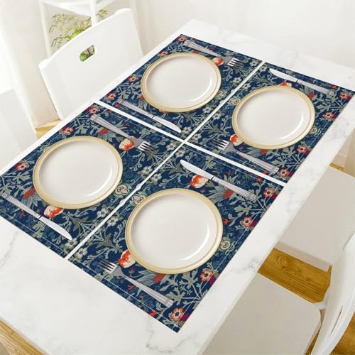 Vintage Morris Art Placemats 4 Pcs,Retro Floral Botanical Leaves Blue Design Linen Placemats for Kitchen Table Dining Room Coffe Set of 4 - color: Blue, size: 12x18"Placemats x4