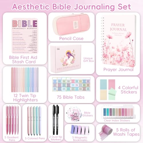 XKDOUS 50 Bible Study Supplies Journaling Kit with Journal and Case, Pink - color: Pink