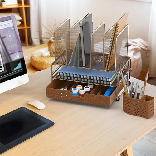 Simple Houseware Desk File Organizer for Office Supplies w/Drawer, Copper - color: Copper