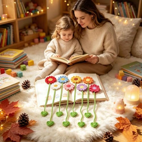 8 Pack Crochet Flower Bookmarks Daisy Sunflower Book Marks for Reading Gift - color: Colorful Flower