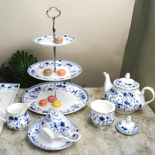 Bone China Tea Set for Adults, 13-Piece Blue and White Porcelain Tea Set for 4, Vintage Floral Tea Set With Teapot and Teaspoons, Tea Party Sets for Women Gift (Blue A) - color: Blue A