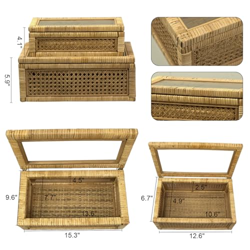 Rattan Display Box for Home Decor with Lid - Rectangular Coastal Bohemian Style Stackable Decorative Storage Box Set - Handmade from Natural Rattan, Cedar & Real Glass