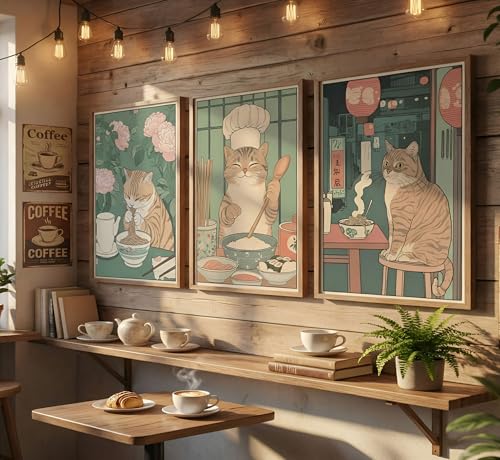 3Pcs Cute Funny Japanese Ramen Cat Canvas Wall Art Tabby Cat Eating Noodles Posters Prints paintings Vintage Japan Edo Period Wall Decor Pictures for Living Room Dining Room Kitchen Home Decoration - color: Ramen cat