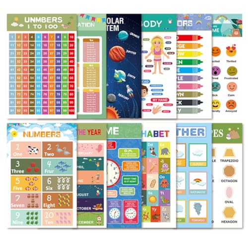 12 Laminated Educational Posters For Toddlers, Preschool Posters for Classroom, Kindergarten Wall Decor for Alphabet Poster Numbers Colors Shapes Days of the Week Poster