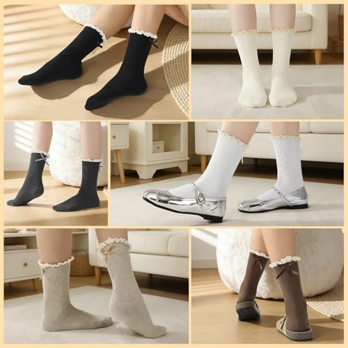6 Pairs Womens Bow Socks, Ruffle Casual Crew Socks - color: Black,off‑white,beige,white,dark Gray,brown