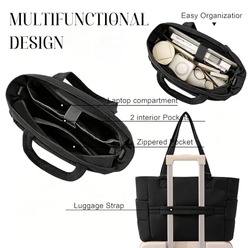 Puffer Tote Bag for Women, Quilted Multi-Pocket Lightweight Shoulder Bag for Work, Travel, Gym - color: Black