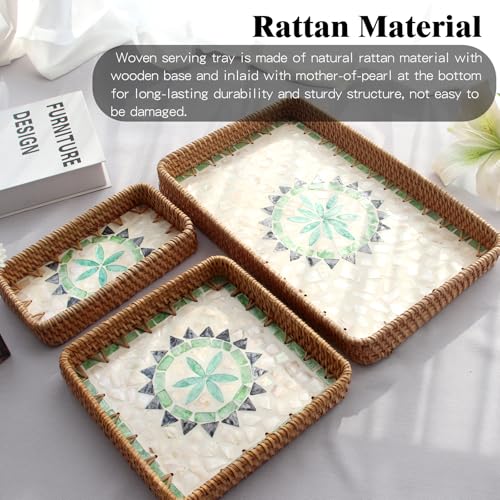 Rectangular Rattan Serving Tray with Mother of Pearl Inlay, Boho Home Decor Wicker Woven Basket for Bread Fruit Coffee Table Kitchen Set of 3 Sizes (Bohemian) - color: Bohemian