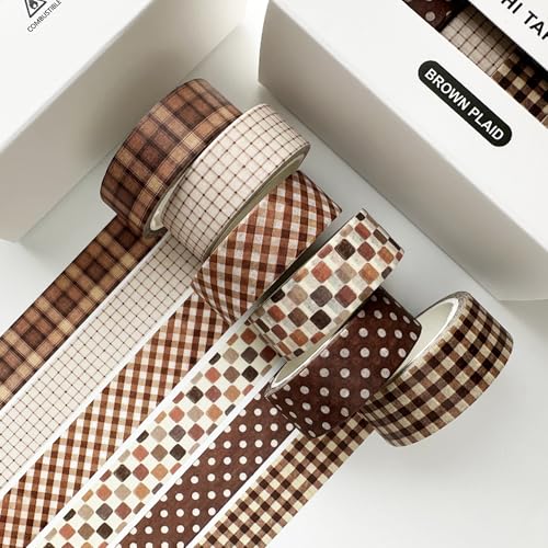 YUBBAEX 6 Rolls Plaid Washi Tape Set, Grid Pattern Masking Tape Classic Checkered Design Decorative for DIY Crafts, Bullet Journal Supplies, Planners, Scrapbook, Card/Gift Wrapping (Brown) - color: Brown