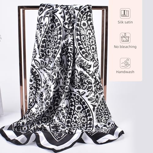 35 Inches Silk Head Scarf-Satin Hair Scarves Silk Bandana Scarf Headscarf for Women's Fashion Scarves - color: Black-large Cashews