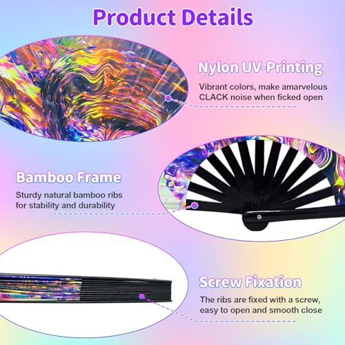 EOSAU Large UV Glow Rave Fan, Folding Hand Fans for Line Dancing, Waves - color: 13" Waves