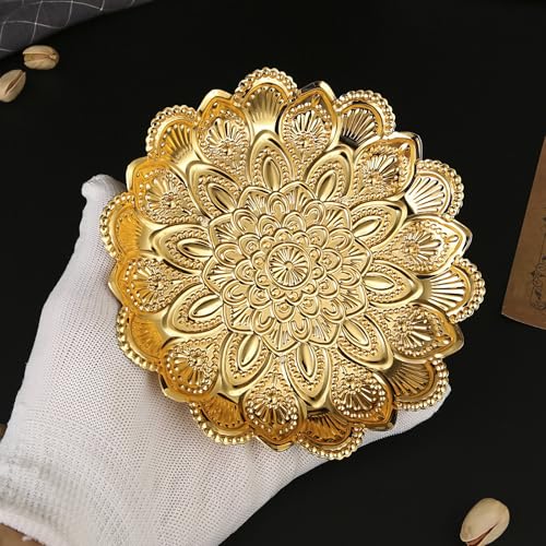Tissting Round Gold Metal Serving Tray, Coffee Table Trays Decorative, Vintage Fruit Bowl, Vintage Metal Dessert Plates, Turkish Embossed Decorative Tray for Coffee Bar Snack Dessert (5.5") - size: 5.5"