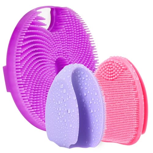 Silicone Face Scrubber with Body Scrubber for Shower Gentle Exfoliating,Soft Bristles Bath Washing Brush for Women Men-3pcs Deep Pore Cleansing Brushes Skin Care Tool for All Skin Types - color: Set2-purple+pink