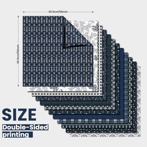 Gingham Scrapbook Paper 12x12 Blue,24 Sheets Double-Sided Boho Blue Floral Pattern CardStock Paper Pad Boho Tone Decorative Craft Papers for Holiday Cardmaking DIY Collage Papers. - color: PAD2120