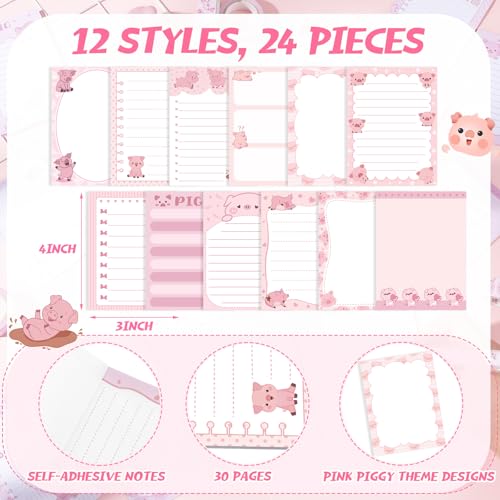 Gilprop 24 Pads Kawaii Pink Pig Sticky Notes, 720 Sheets 3x4 Inch Cute Cartoon Self Stick Notepads, Removable Adhesive Memo Pads for Office Home, Gift for Women Pig Lovers Christmas - style: Pink Pig