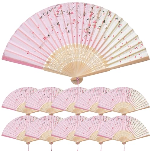 QIRMIZI 10 Pieces Handheld Fans, Silk Folding Fans, Floral Folding Fans for Birthday,Dancing, Cosplay, Weddings, Parties, and Events,Pink Cherry Blossom Rain - color: 05 Pink Cherry Blossom Rain