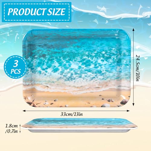 JarThenaAMCS 3Pcs Summer Beach Serving Trays Reusable Serving Dishes Ocean Wave Sand Seashell Starfish Platter for Outdoor Party Serving Food Snacks Fruits Dessert - style: Beach
