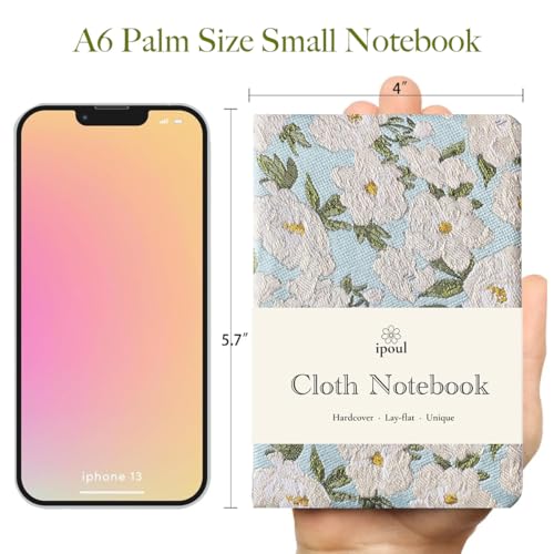 Pocket Notebook, A6, 4x6, Small Embroidered Journal, Cute Notebook, Lay Flat, Hardcover, Lined Notebook & Sketchbook, Personal Writing Journal for Women, Blue Journal, White Gardenia Flower - color: A6-Cute Gardenia