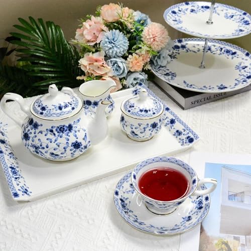 Bone China Tea Set for Adults, 13-Piece Blue and White Porcelain Tea Set for 4, Vintage Floral Tea Set With Teapot and Teaspoons, Tea Party Sets for Women Gift (Blue A) - color: Blue A