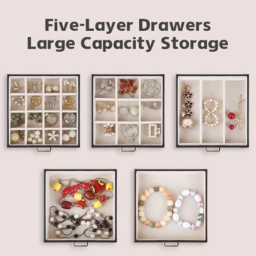 Kendal Jewelry Box, 6-Layer Jewelry Storage Organizer for Necklace Bracelet Rings Watch, 10.2"x8.2"x6" Classic Black PU Leather 5 Drawers Large Storage Capacity with Mirror - color: Black, size: Medium(10.2"x8.2"x6")