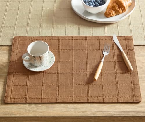 ZeeMart Linen Checked Farmhouse Placemats Set of 4, Caramel 13x19in - color: Caramel, size: Set of 4