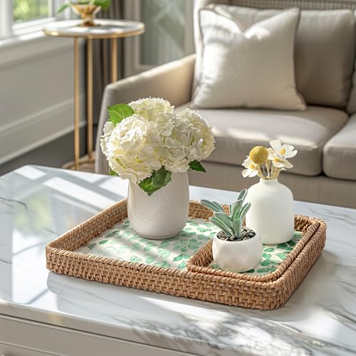 Set of 3 Rectangle Rattan Serving Trays with Mother of Pearl Inlay – Hand-Woven Wicker Trays for Coffee Table, Bathroom, Kitchen Counter or Entryway, Boho Coastal Decor, Checkered Design - color: Checkered Pattern