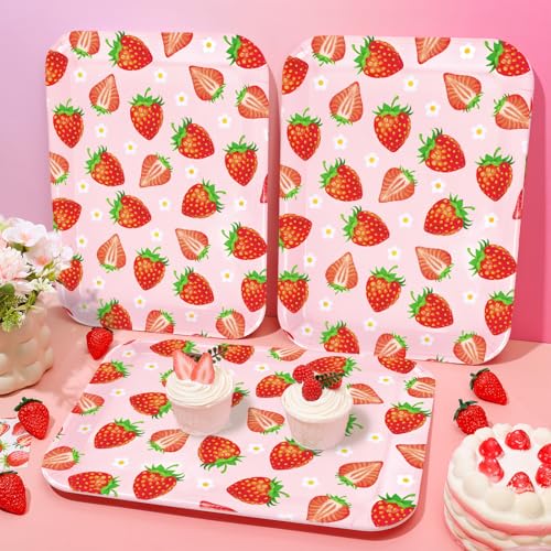 JarThenaAMCS 3Pcs Strawberry Serving Trays Red Pink Berry Flower Platter Cute Fruit Serving Dishes for Birthday Baby Shower Party Sharing Snacks Fruit Dessert Candy - style: Strawberry