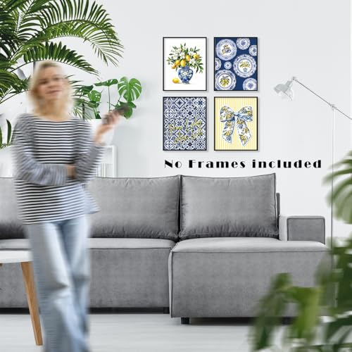 LUKIPOM Chinoiserie Lemon Summer Bow Wall Art Posters Set of 4,Amalfi Coast Grandmillennial Home Decor,Blue and White Porcelain Lemon Tree Prints Artwork for Kitchen Wall Decor, 8x10 Unframed - color: Color 008